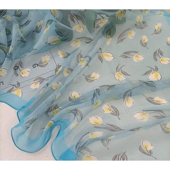 Women's  Light Blue Fashion Lightweight Head Scarf Floral Print Chiffon Scarves - Picture 3 of 5